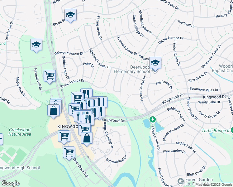 map of restaurants, bars, coffee shops, grocery stores, and more near 2703 Crystal Falls Drive in Houston