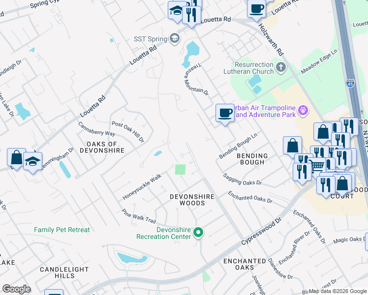 map of restaurants, bars, coffee shops, grocery stores, and more near 510 Rams Bottom Court in Spring