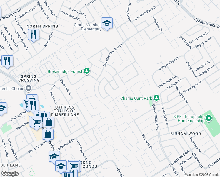 map of restaurants, bars, coffee shops, grocery stores, and more near 23119 Rivercane Shadow Trail in Spring