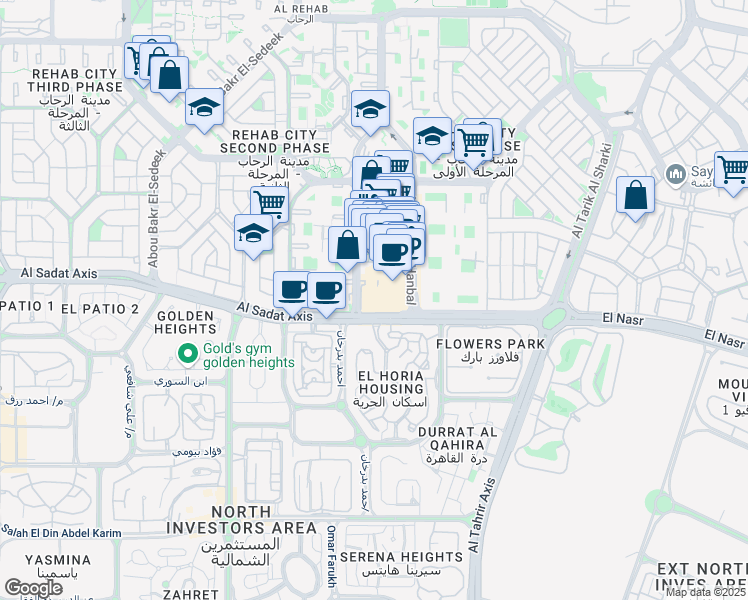 map of restaurants, bars, coffee shops, grocery stores, and more near Al Sadat Axis in Second New Cairo