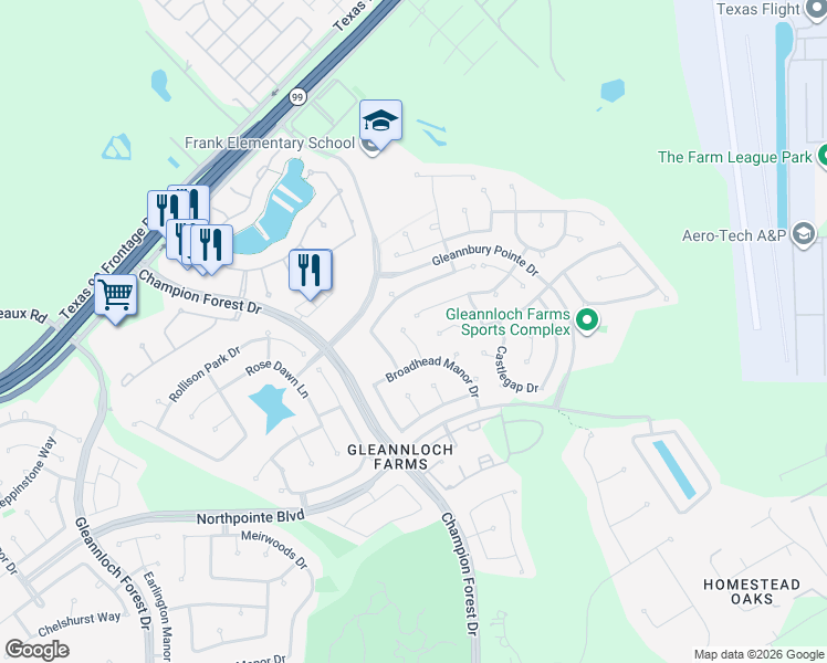map of restaurants, bars, coffee shops, grocery stores, and more near 19918 Astilbe Court in Spring