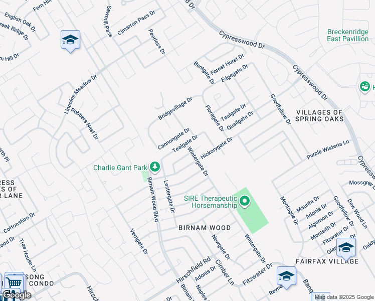 map of restaurants, bars, coffee shops, grocery stores, and more near 4531 Quailgate Drive in Spring