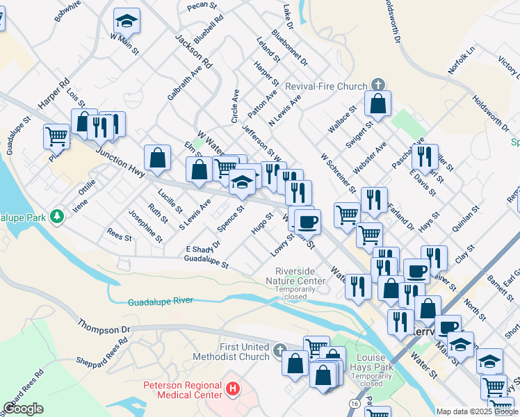 map of restaurants, bars, coffee shops, grocery stores, and more near 132 Hugo Street in Kerrville