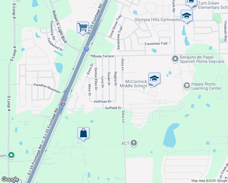 map of restaurants, bars, coffee shops, grocery stores, and more near 404 Regina Drive in Buda