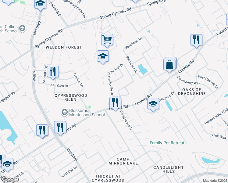 map of restaurants, bars, coffee shops, grocery stores, and more near 19918 Hardsville Drive in Spring