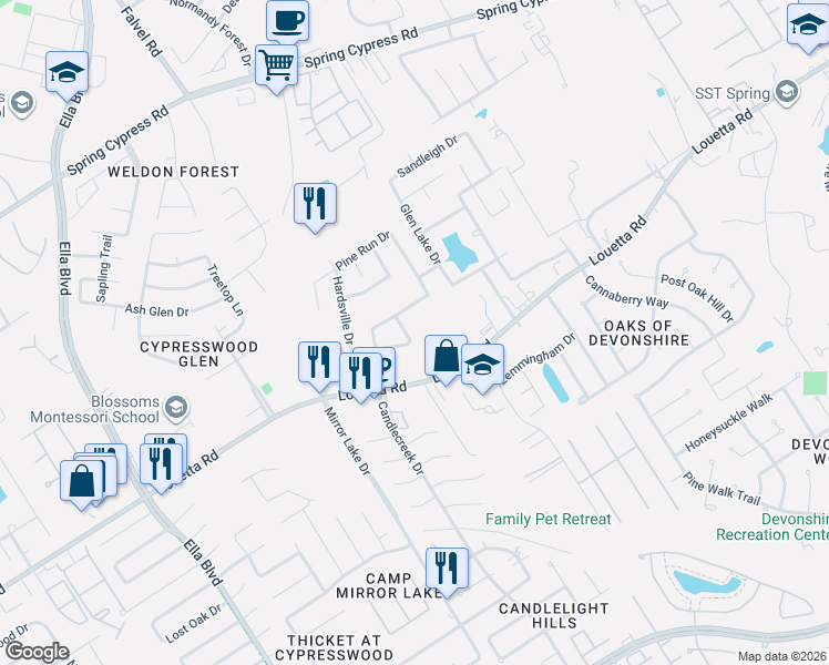 map of restaurants, bars, coffee shops, grocery stores, and more near 19906 Doversgreen Lane in Spring