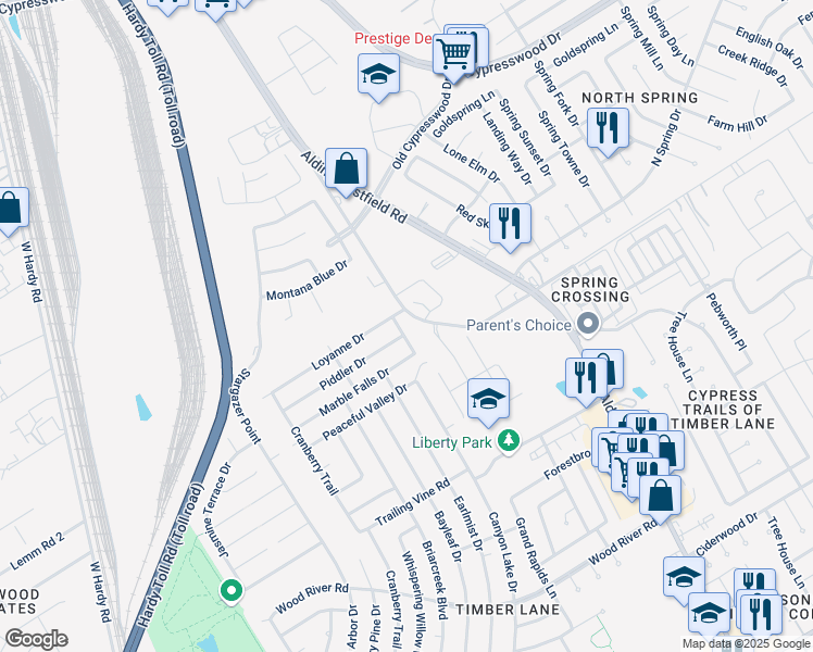 map of restaurants, bars, coffee shops, grocery stores, and more near 2523 Piddler Drive in Spring