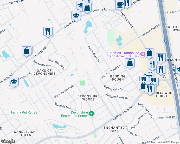 map of restaurants, bars, coffee shops, grocery stores, and more near 19918 Teller Boulevard in Spring