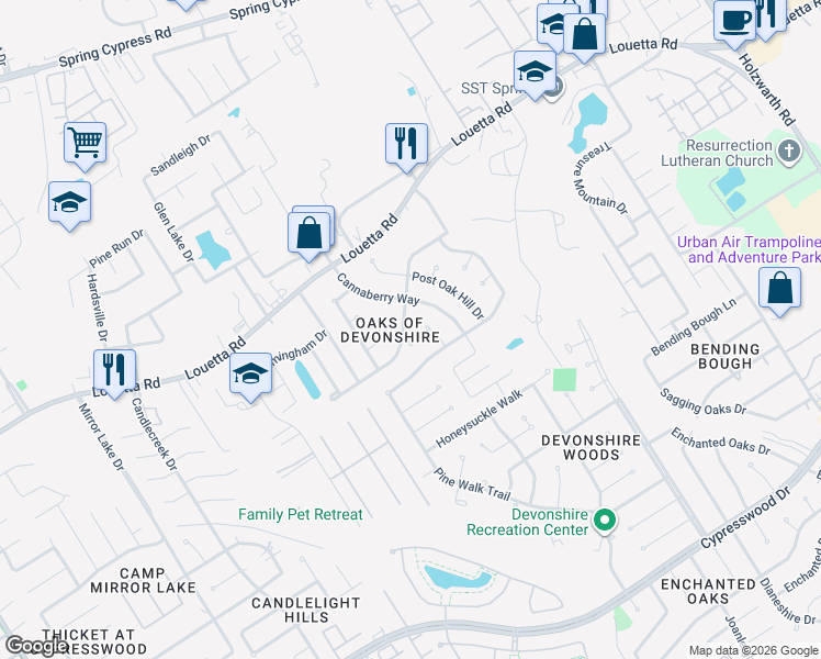 map of restaurants, bars, coffee shops, grocery stores, and more near 2719 Meadow Tree Lane in Spring
