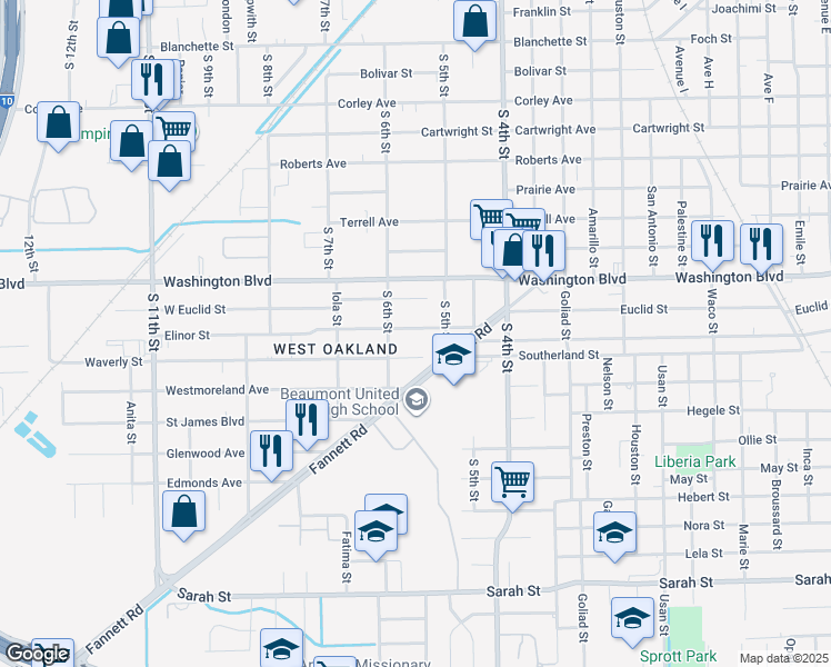 map of restaurants, bars, coffee shops, grocery stores, and more near 3049 Elinor Street in Beaumont