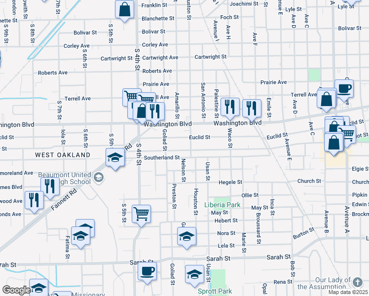map of restaurants, bars, coffee shops, grocery stores, and more near 2550 Harriot Street in Beaumont
