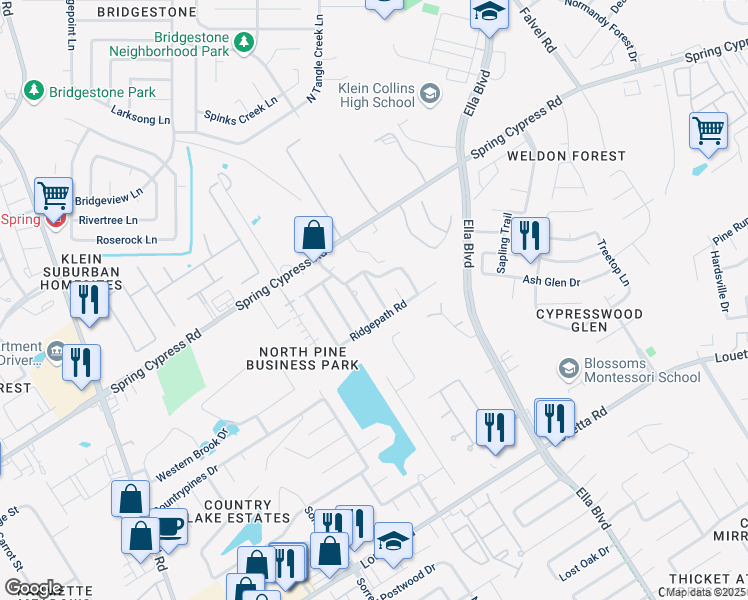 map of restaurants, bars, coffee shops, grocery stores, and more near 19111 Doveton Lane in Spring
