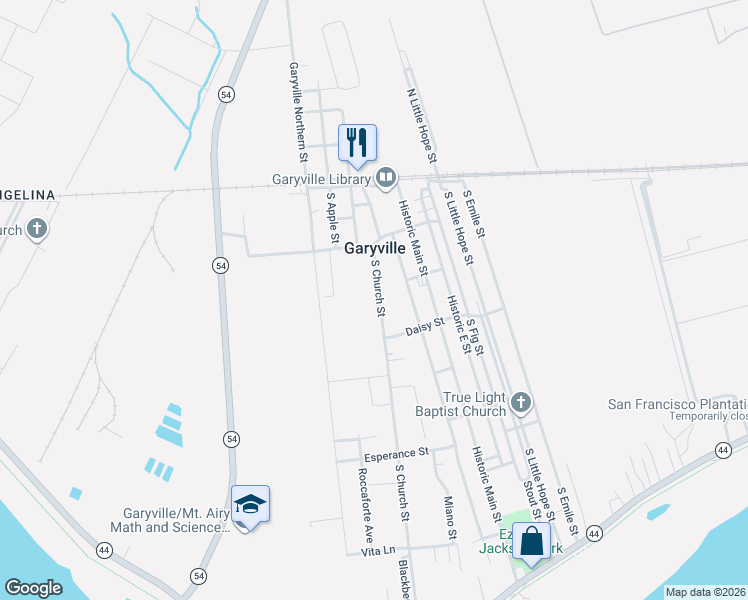 map of restaurants, bars, coffee shops, grocery stores, and more near 513 South Church Street in Garyville