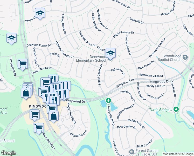 map of restaurants, bars, coffee shops, grocery stores, and more near 4019 Aspen Mountain Trail in Houston