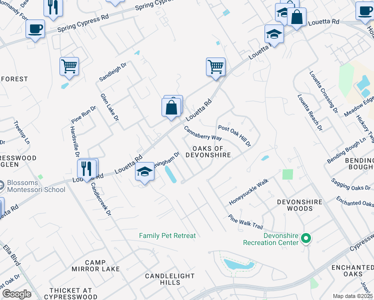map of restaurants, bars, coffee shops, grocery stores, and more near 20346 Little Wing Drive in Spring