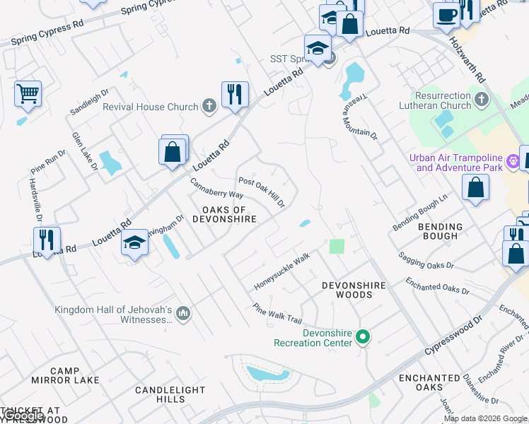 map of restaurants, bars, coffee shops, grocery stores, and more near 20207 Cannaberry Way in Spring