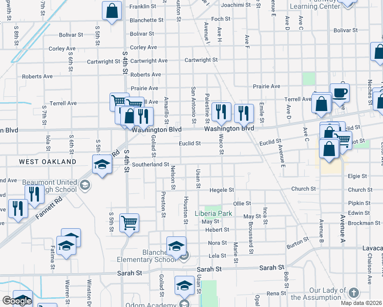 map of restaurants, bars, coffee shops, grocery stores, and more near 2420 Harriot Street in Beaumont