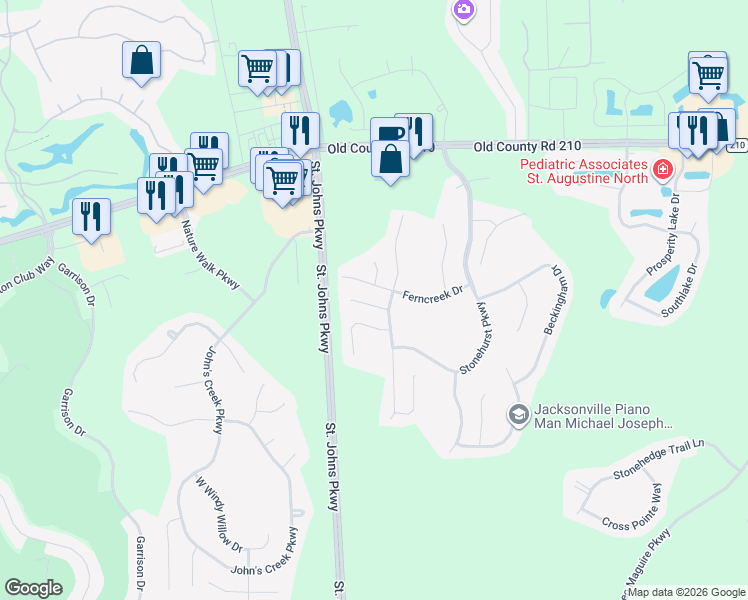map of restaurants, bars, coffee shops, grocery stores, and more near 2312 Aberford Court in St. Augustine