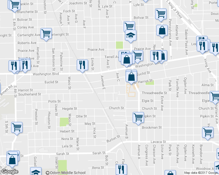 map of restaurants, bars, coffee shops, grocery stores, and more near 1725 Harriot Street in Beaumont