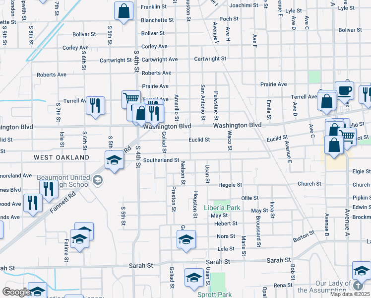 map of restaurants, bars, coffee shops, grocery stores, and more near 2550 Harriot Street in Beaumont