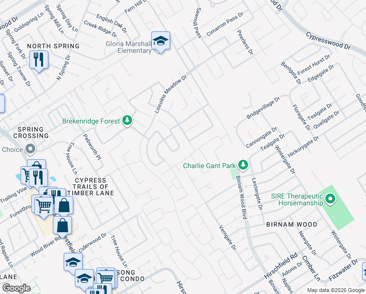 map of restaurants, bars, coffee shops, grocery stores, and more near 23102 Barrington Bluff Trail in Spring