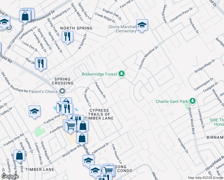 map of restaurants, bars, coffee shops, grocery stores, and more near 23522 Pebworth Place in Spring