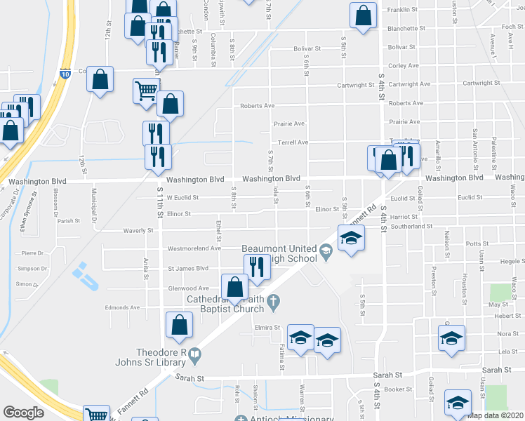 map of restaurants, bars, coffee shops, grocery stores, and more near 3201 Elinor Street in Beaumont