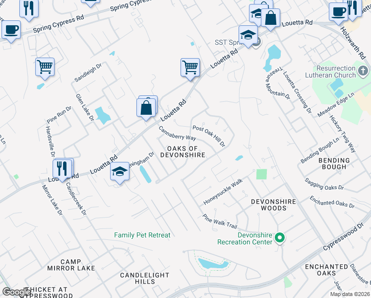 map of restaurants, bars, coffee shops, grocery stores, and more near 2719 Meadow Tree Lane in Spring