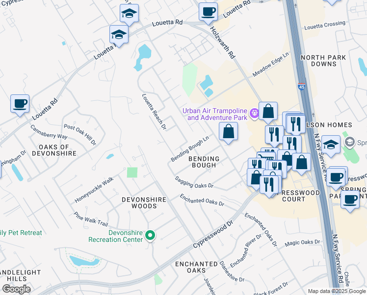 map of restaurants, bars, coffee shops, grocery stores, and more near 2019 Louetta Reserve Way in Spring