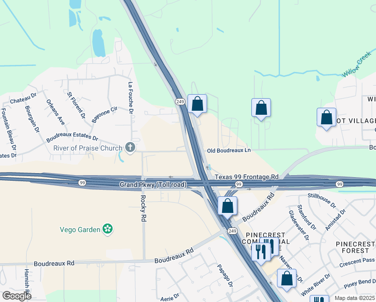 map of restaurants, bars, coffee shops, grocery stores, and more near Hwy 249 & Boudreaux Rd in Houston