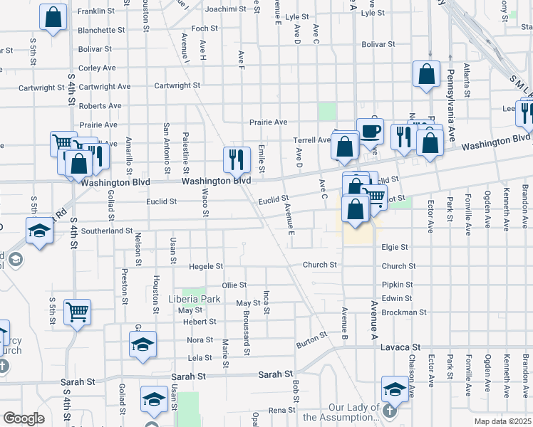 map of restaurants, bars, coffee shops, grocery stores, and more near 1890 Harriot Street in Beaumont