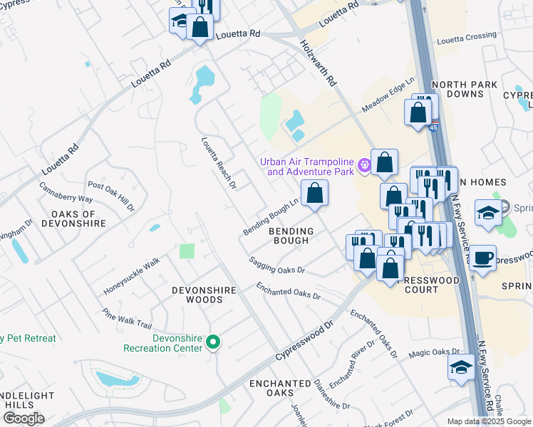 map of restaurants, bars, coffee shops, grocery stores, and more near 2019 Louetta Reserve Way in Spring