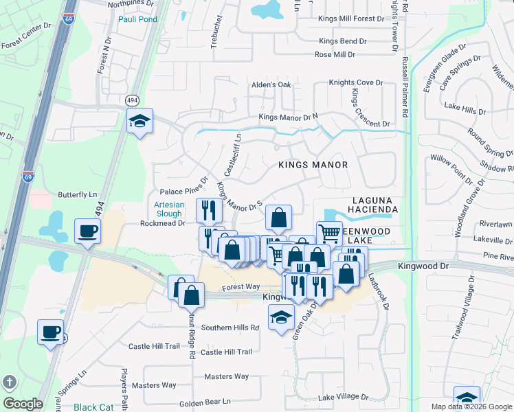 map of restaurants, bars, coffee shops, grocery stores, and more near 27605 Kings Manor Drive South in Montgomery County