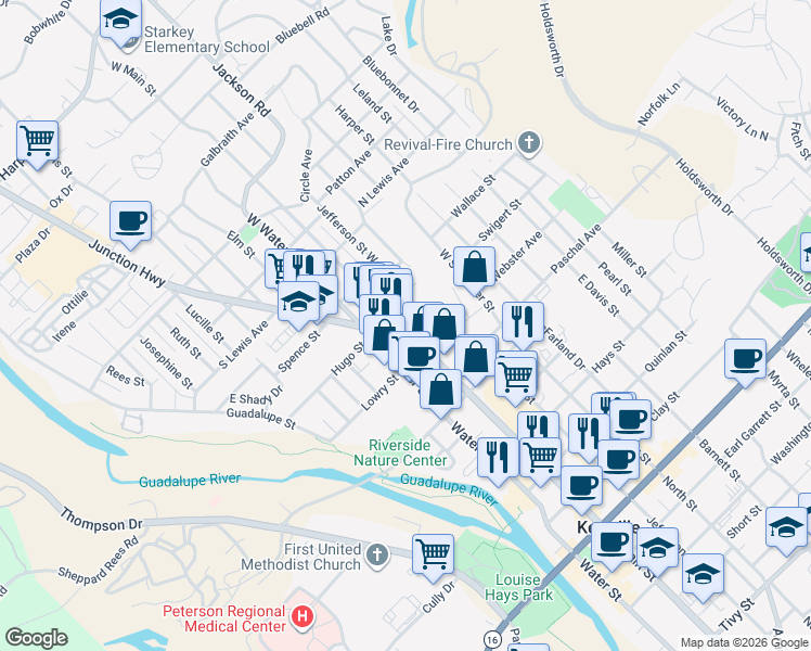 map of restaurants, bars, coffee shops, grocery stores, and more near 226 West Main Street in Kerrville