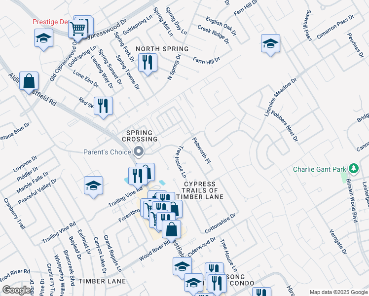 map of restaurants, bars, coffee shops, grocery stores, and more near 23702 Tree House Lane in Spring