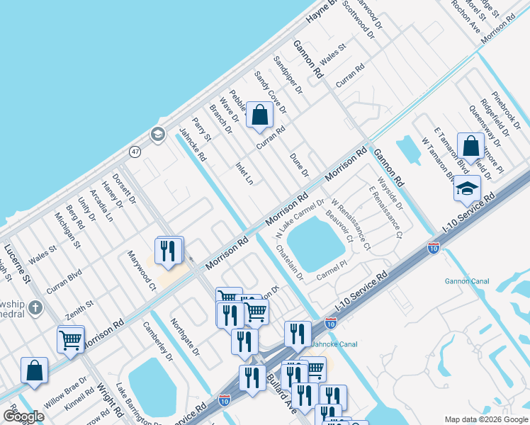 map of restaurants, bars, coffee shops, grocery stores, and more near 2401 Morrison Road in New Orleans