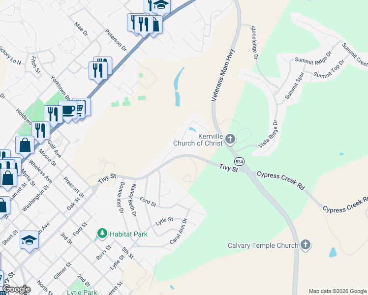 map of restaurants, bars, coffee shops, grocery stores, and more near 1607 Quinlan Creek Drive in Kerrville