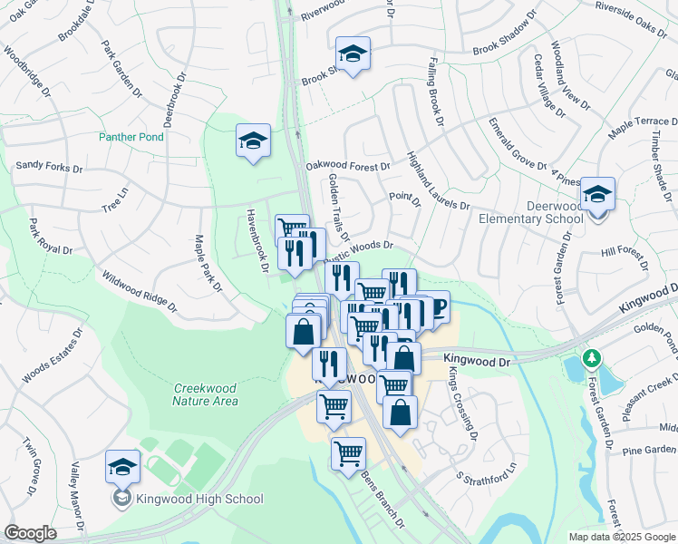map of restaurants, bars, coffee shops, grocery stores, and more near 4102 Rustic Woods Drive in Houston