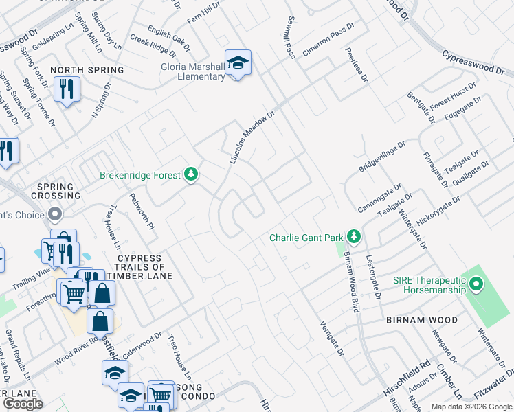 map of restaurants, bars, coffee shops, grocery stores, and more near 23119 Rivercane Shadow Trail in Spring