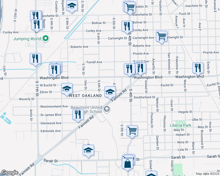 map of restaurants, bars, coffee shops, grocery stores, and more near 3049 Elinor Street in Beaumont