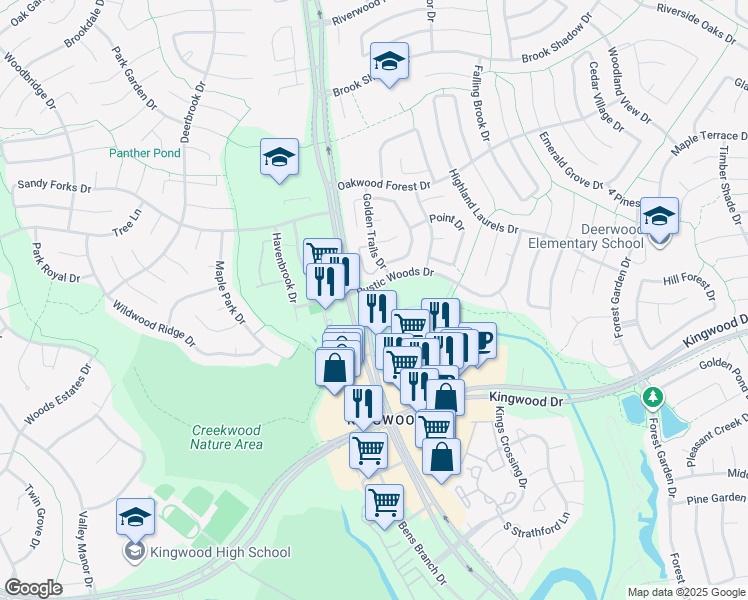 map of restaurants, bars, coffee shops, grocery stores, and more near 4102 Rustic Woods Drive in Houston