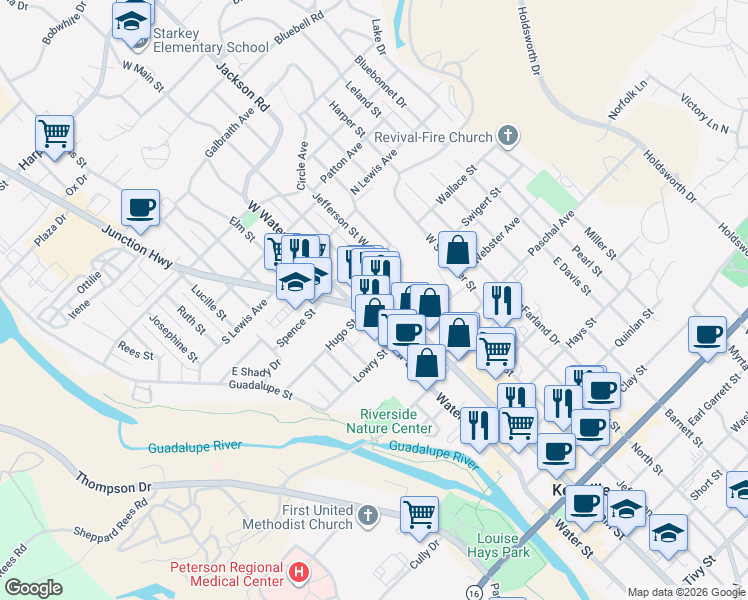 map of restaurants, bars, coffee shops, grocery stores, and more near 226 West Main Street in Kerrville
