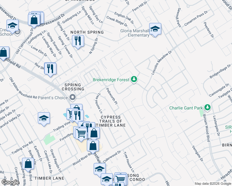 map of restaurants, bars, coffee shops, grocery stores, and more near 23546 Pebworth Place in Spring