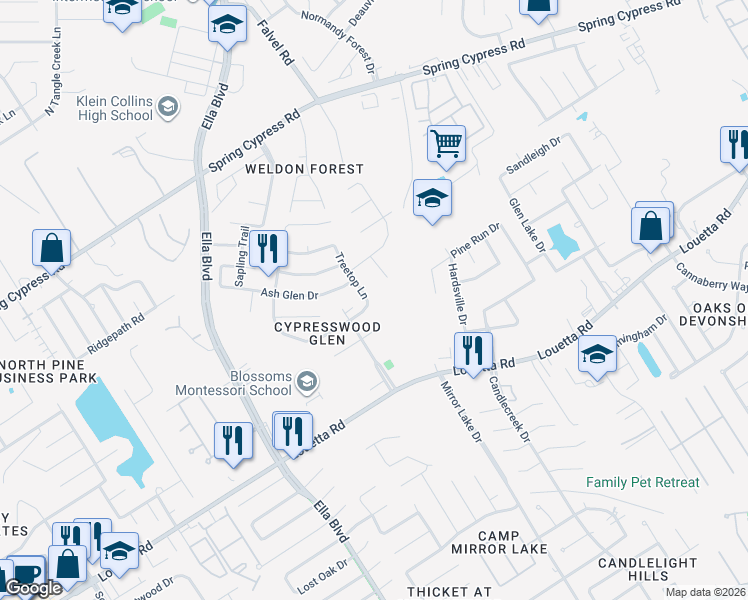 map of restaurants, bars, coffee shops, grocery stores, and more near 20202 Cypresswood Glen Drive in Spring