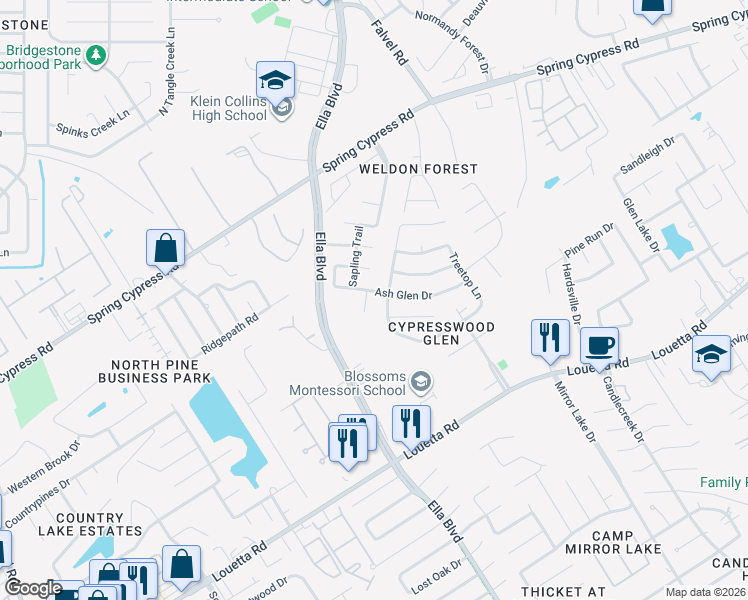 map of restaurants, bars, coffee shops, grocery stores, and more near 20206 Ash Glen Court in Spring