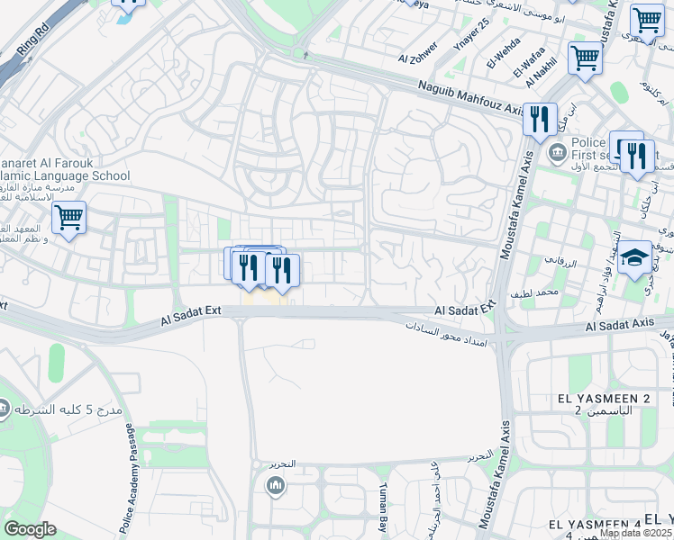 map of restaurants, bars, coffee shops, grocery stores, and more near in Second New Cairo