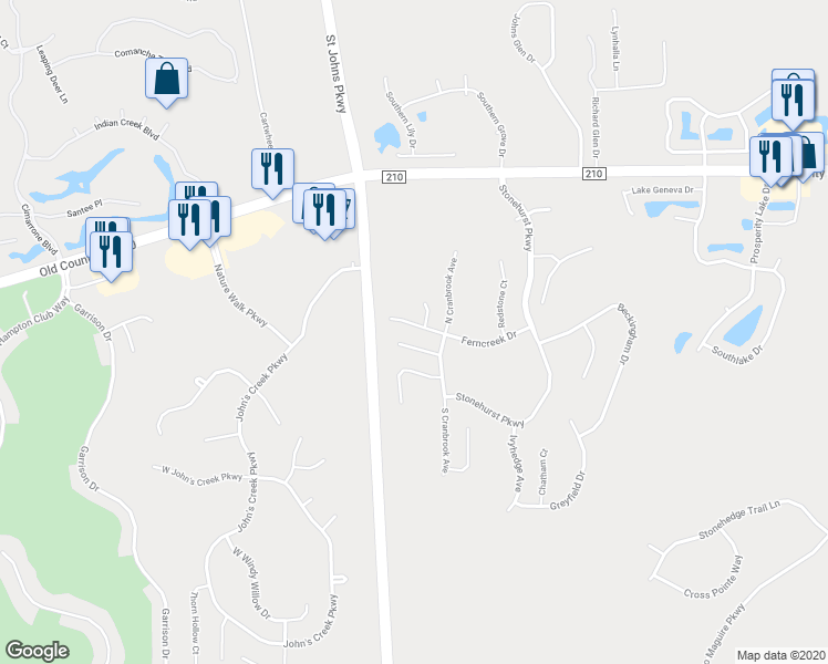map of restaurants, bars, coffee shops, grocery stores, and more near 1775 Ferncreek Drive in Saint Augustine