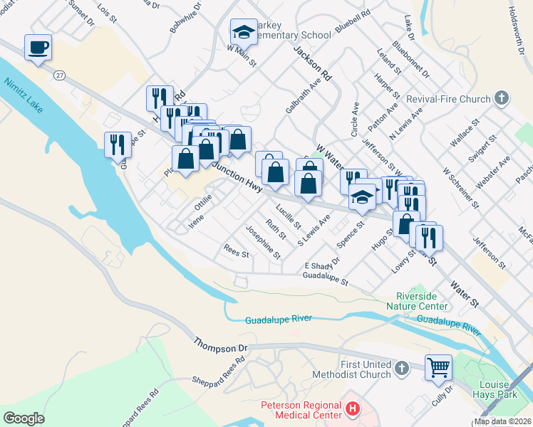 map of restaurants, bars, coffee shops, grocery stores, and more near 509 Ruth Street in Kerrville