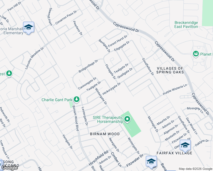 map of restaurants, bars, coffee shops, grocery stores, and more near 4702 Hickorygate Drive in Spring