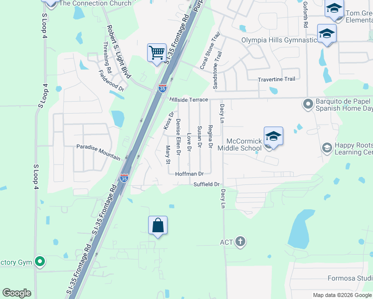 map of restaurants, bars, coffee shops, grocery stores, and more near 404 Love Drive in Buda